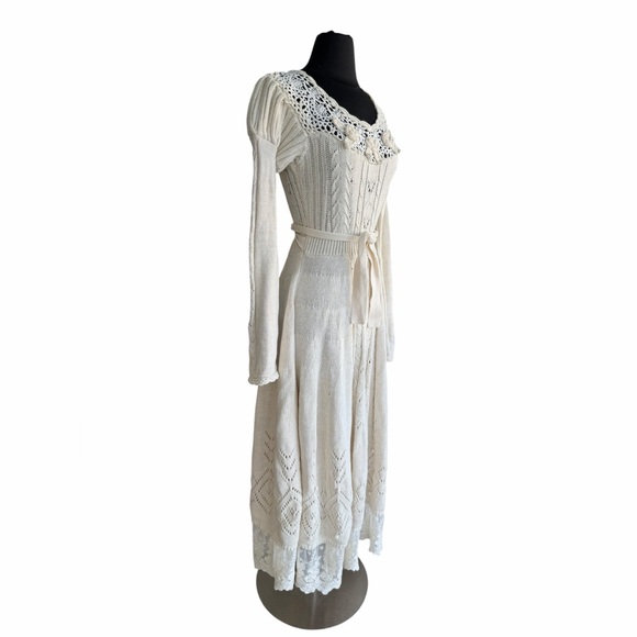 Lacemade Collection Ivory Cable Knit Midi Dress Crochet Lace Cottagecore Medium - Picture 7 of 10